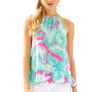 Lilly Pulitzer Millie Silk Turquoise/Fuschia/Pink Strap Ruffle Hem Halter Tank M